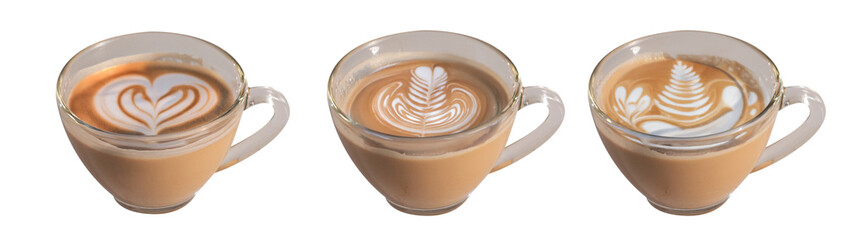 Set of three glass cups filled with hot lattes, each topped with a unique milk foam latte art...