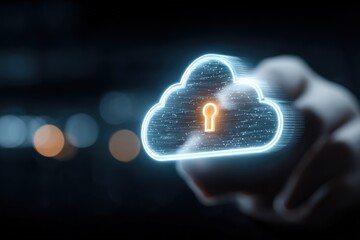 Digital Cloud Security Concept with Glowing Lock Icon and Data Stream Over a Dark Background for Cybersecurity and Data Protection