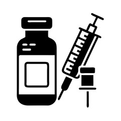 Syringe and vaccine vial in black silhouette design concept of icon  