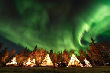 Northern Lights, Aurora Borealis over Teepee and Forest, Yellowknife, Northwest Territories, Canada