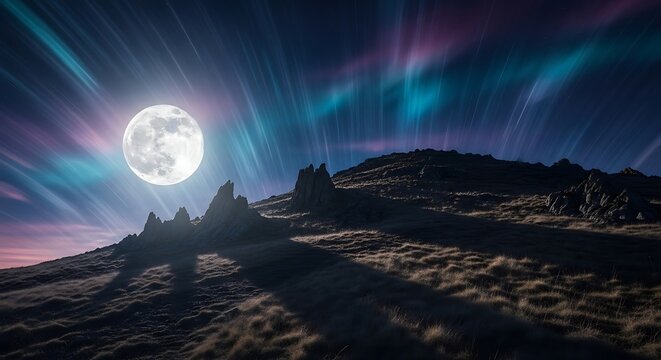 Majestic full moon illuminates a grassy hill with dramatic rock formations under a vibrant aurora borealis sky - Powered by Adobe