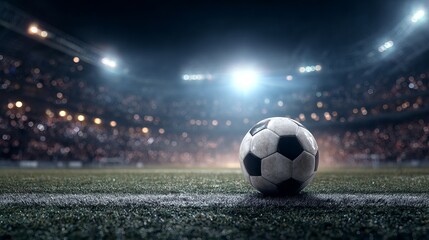 A soccer ball resting on a lush green field, surrounded by dramatic stadium lights, creating an electrifying atmosphere.