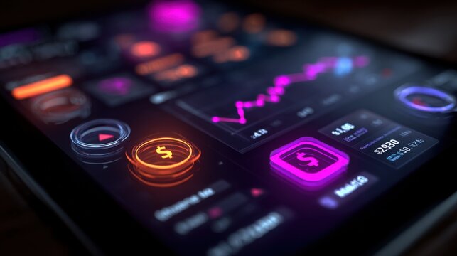 Advanced digital trading platform interface showcasing colorful financial graphs and icons on a touchscreen device for stock market analysis - Powered by Adobe