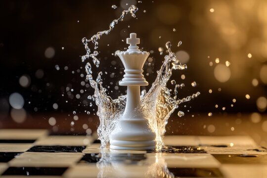 A white chess king piece on a chessboard with water splashing around it in a dramatic scene