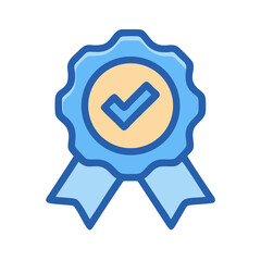 Illustrated blue and beige rosette with checkmark on White