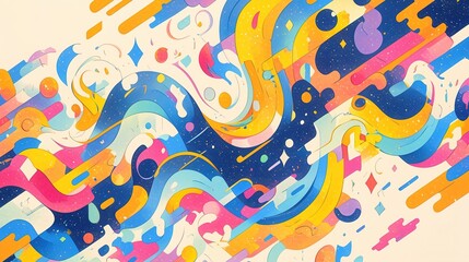 Obraz premium A collection of fun abstract doodles in a hand-drawn style with bold black outlines and a rainbow of bright colors, presented in dynamic scattered compositions on a clean white background.