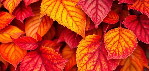 Obraz premium Vibrant red, orange, and yellow leaves in a watercolor wash, showing texture and veining, botanical, artistic