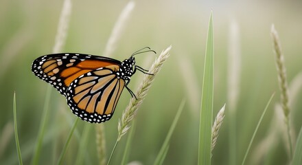 Obraz premium Monarch Butterfly Resting on Grass, Soft Green Background, Detailed Wing Pattern