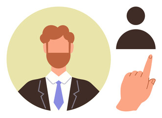 Business portrait of man in a suit with tie and groomed hair. Hand selecting user with fingertip and avatar icon. Ideal for recruitment, HR, profile management, career, digital identity, choice
