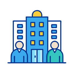 Businessmen stand before a modern office building illustration
