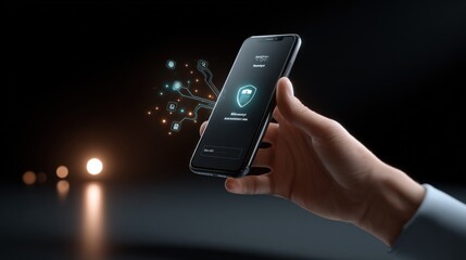 Modern smartphone in hand displaying digital security interface with shield icon and futuristic digital connections on dark background
