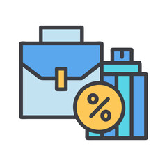 Briefcase with percentage circle and gift icon illustration