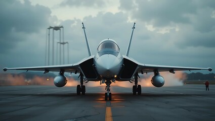 Front View of Military Jet Fighter on Runway &ndash; High-Powered Aircraft Ready for Takeoff

