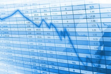 Jagged descending arrow line is overlaying flat design blue financial grid cells with world map