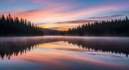 Obraz premium Serene Sunrise Reflection: Misty Forest Lake at Dawn