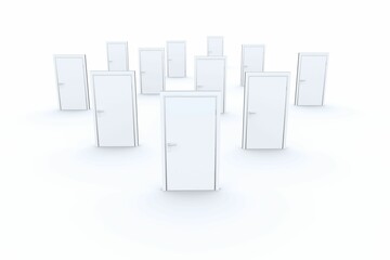 Obraz premium Frontmost white door is standing in minimal 3D render, surrounding doors are receding in grid