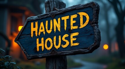 Creepy wooden sign with yellow lettering reading haunted house points towards a spooky dimly lit building