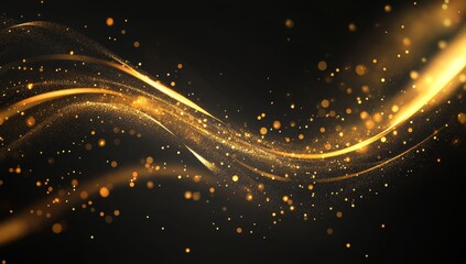 Abstract gold wave with particles on black background.