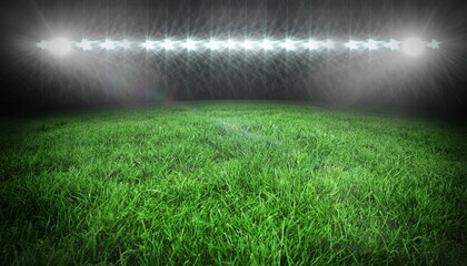 Grass-covered sports field is glowing under high-mounted stadium floodlights in flat design