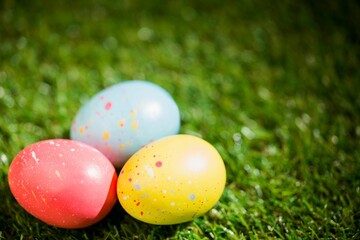Easter eggs on grass in garden © vectorfusionart