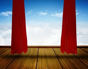 Flat design stage is showing red velvet curtains parting on wooden platform, revealing cloudy sky © vectorfusionart