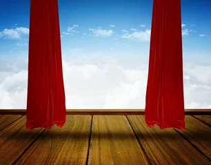Fototapete Flat design stage is showing red velvet curtains parting on wooden platform, revealing cloudy sky © vectorfusionart