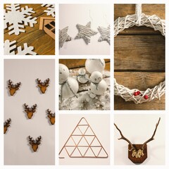 Grid collage is showing winter decorations against weathered wood plank and white backdrop