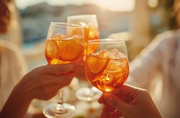 Close-up group toasting with orange cocktails in glasses, three professionals in white shirts against light beige background, warm sunlight for corporate hospitality advertising