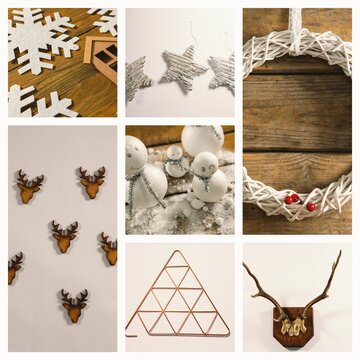 Fototapeta Grid collage is showing winter decorations against weathered wood plank and white backdrop