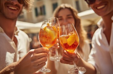 Close-up group toasting with orange cocktails in glasses, three professionals in white shirts against light beige background, warm sunlight for corporate hospitality advertising