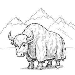 A shaggy yak with large curved horns stands proudly in front of mountain peaks, illustrated in bold black-and-white line art.
