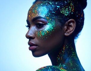 Ethereal futuristic model with glowing bioluminescent patterns and flora on a clean black background.