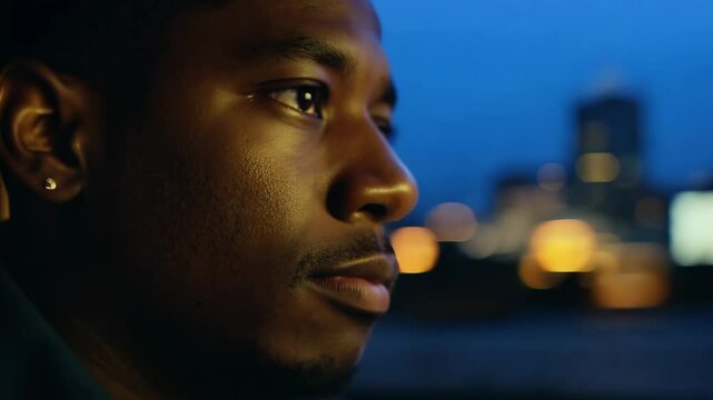 Thoughtful young African American man traveling by train. The rhythmic sounds of the train enhance his reflections, creating a calming atmosphere.