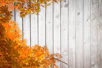Fototapeta premium Autumn leaves and branches are reaching into frame in flat design wooden plank fence backdrop