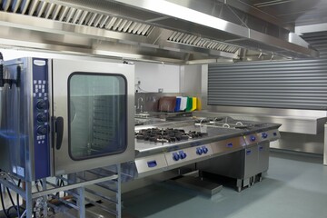 Stainless steel appliances in commercial kitchen