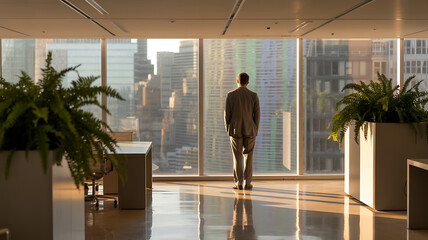 Man in suit looking out large office window at city skyline
