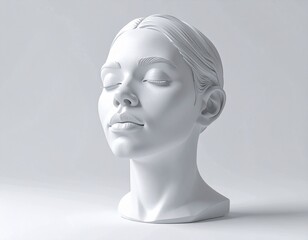 Minimalist 3D render of a serene, modern human face sculpture in a monochromatic style.