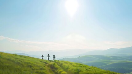 Obraz premium Mountain Bikers on Sunny Rolling Hills Landscape