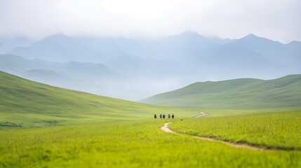 Fototapeta premium Horseback Riders on Misty Mountain Trail