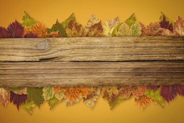 Rustic wooden plank is spanning center in flat design with golden gradient backdrop, autumn leaves