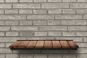 Wooden shelf on brick wall