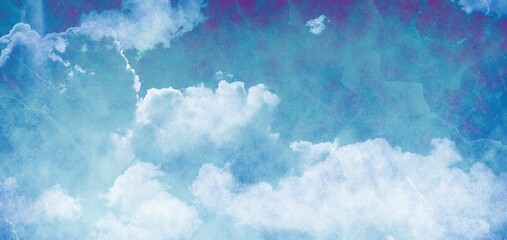 White cumulus clouds are drifting across watercolor sky with bright blue and purple overlay
