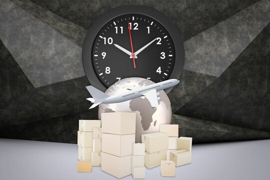 Fototapeta Illustration of clock, airplane, earth and boxes