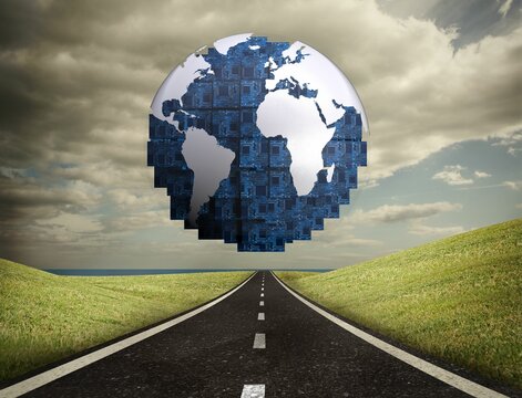 Fototapeta Digitally generated earth floating over street