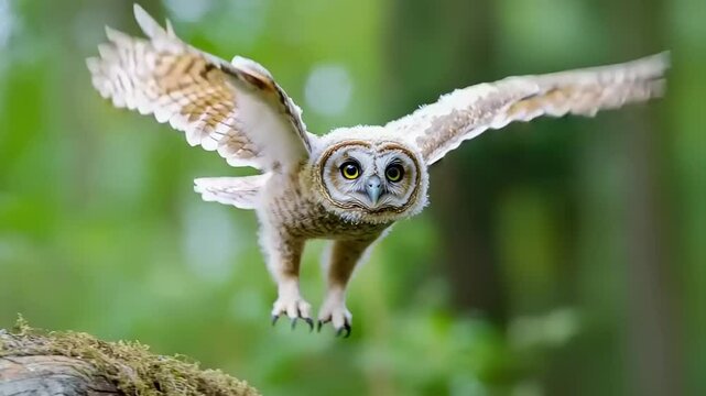Adorable Baby Owl Taking Flight - First Flight in a Green Forest
