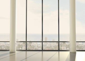 Fototapeta premium Flat minimal design showing empty room with panoramic windows, white columns, shiny floor, sea view
