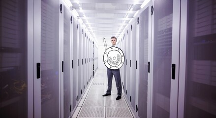 Man is standing in server aisle with overhead LED panels, flat design, holding sword and shield
