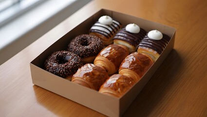 A delectable assortment of pastries and doughnuts in a box, ready to be enjoyed. The doughnuts are covered in chocolate, and the croissants have a golden-brown color