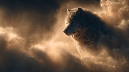Mystical wolf emerging from glowing clouds in golden light