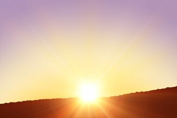 Vector illustration showing sun emerging over rocky ridge against gradient sky with lens flares